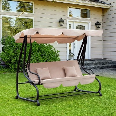Outsunny 3 Seat Outdoor Free Standing Swing Bench Porch Swing With Stand, Comfortable Cushioned Fabric & Included Canopy 2 Outsunny 3 Seat Outdoor Free Standing Swing Bench Porch Swing With Stand, Comfortable Cushioned Fabric & Included Canopy - Image 2
