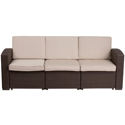 Merrick Lane Outdoor Furniture Resin Sofa Chocolate Brown Faux Rattan Wicker Pattern Patio 3-Seat Sofa With All-Weather Beige Cushions 2 Merrick Lane Outdoor Furniture Resin Sofa Chocolate Brown Faux Rattan Wicker Pattern Patio 3-Seat Sofa With All-Weather Beige Cushions - Image 2