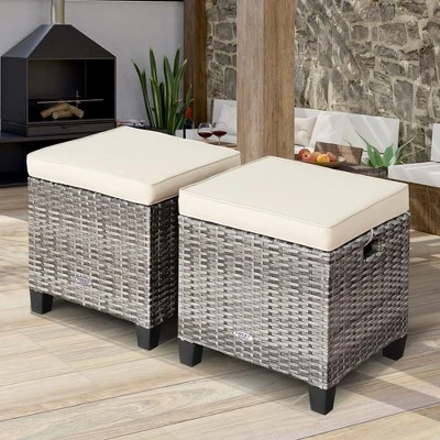 Costway 2PCS Patio Rattan Cushioned Ottoman Seat Foot Rest Table 1 Costway 2PCS Patio Rattan Cushioned Ottoman Seat Foot Rest Table
