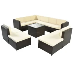 9pc Wicker Patio Sectional Seating Set With Cushions - Beige - GODEER -Crosley Sales Store GUEST 86b3e0a5 cd5e 4a68 b3b4 d78ace58836b
