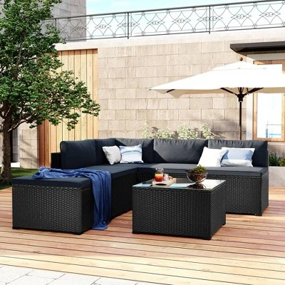 6pc Wicker Patio Conversation Set With Cushions - Black/Gray - GODEER 2 6pc Wicker Patio Conversation Set With Cushions - Black/Gray - GODEER - Image 2
