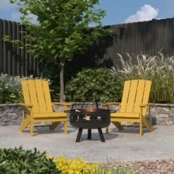 Merrick Lane Ayala 3 Piece Outdoor Leisure Set With Set Of 2 Poly Resin Adirondack Chairs And Star And Moon Iron Fire Pit