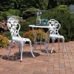 Sunnydaze Decor Sunnydaze Flower Design Cast Aluminum Bistro Set With Cast Iron Legs, White, 3pc -Crosley Sales Store GUEST 8d189da7 b6ee 41bd baa4 fd76ce936875