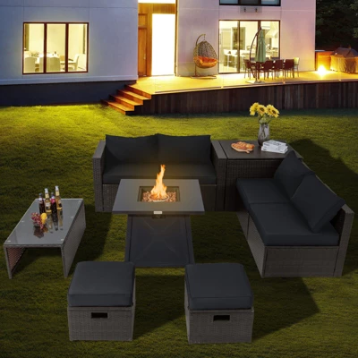 Tangkula 9PCS Outdoor Patio Furniture Set With 30" Propane Fire Pit Table PE Wicker Space-Saving Sectional Sofa Set W/ Storage Box & Cushions 1 Tangkula 9PCS Outdoor Patio Furniture Set With 30" Propane Fire Pit Table PE Wicker Space-Saving Sectional Sofa Set W/ Storage Box & Cushions