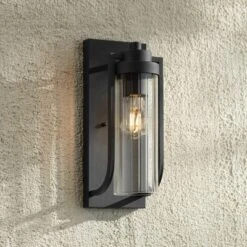 Possini Euro Design Bogata Modern Outdoor Wall Light Fixture Textured Black 15 1/2" Clear Ribbed Glass For Post Exterior Barn Deck House Porch Yard -Crosley Sales Store GUEST 92f73483 8a59 4d12 83b9 e465de63687c