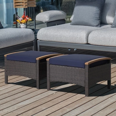 Costway Set Of 2 Patio Rattan Ottoman Footrest Cushions Wooden Handle Off WhiteBrownRedNavy 10 Costway Set Of 2 Patio Rattan Ottoman Footrest Cushions Wooden Handle Off WhiteBrownRedNavy - Image 10