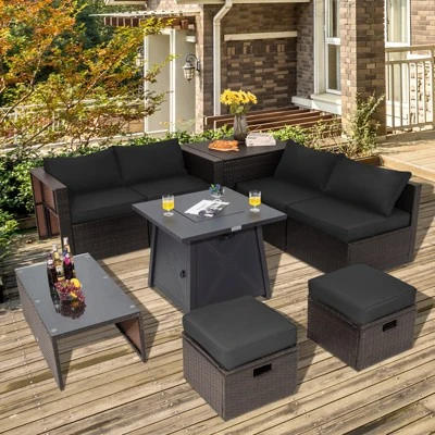 Tangkula 9PCS Outdoor Patio Furniture Set With 30" Propane Fire Pit Table PE Wicker Space-Saving Sectional Sofa Set W/ Storage Box & Cushions 2 Tangkula 9PCS Outdoor Patio Furniture Set With 30" Propane Fire Pit Table PE Wicker Space-Saving Sectional Sofa Set W/ Storage Box & Cushions - Image 2
