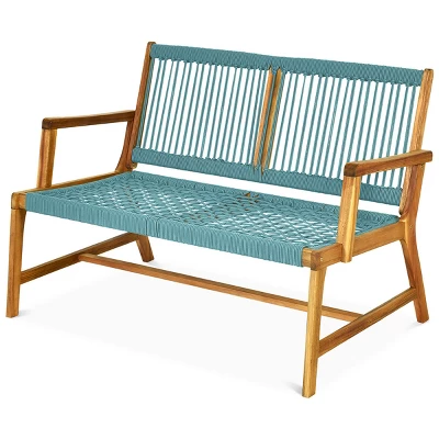 Tangkula 2-Person Outdoor Acacia Wood Bench Patio Loveseat Rope Bench Turquoise/Black 7 Tangkula 2-Person Outdoor Acacia Wood Bench Patio Loveseat Rope Bench Turquoise/Black - Image 7
