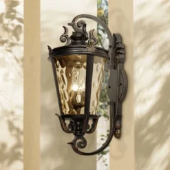 John Timberland Casa Marseille Rustic Outdoor Wall Light Fixture Veranda Bronze Ornate Scroll 36" Champagne Hammered Glass For Post Exterior Barn Deck