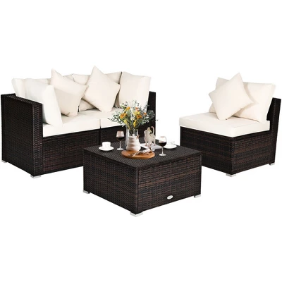 Costway 4PCS Patio Rattan Wicker Sofa Furniture Set Cushioned Conversation Ottoman Set 1 Costway 4PCS Patio Rattan Wicker Sofa Furniture Set Cushioned Conversation Ottoman Set