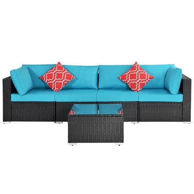 5pc Wicker Patio Sectional Seating Set With Cushions - Espresso/Blue - GODEER 2 5pc Wicker Patio Sectional Seating Set With Cushions - Espresso/Blue - GODEER - Image 2