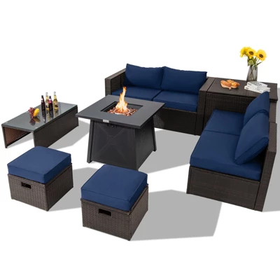 Tangkula 9PCS Outdoor Patio Furniture Set With 30" Propane Fire Pit Table PE Wicker Space-Saving Sectional Sofa Set W/ Storage Box & Cushions 12 Tangkula 9PCS Outdoor Patio Furniture Set With 30" Propane Fire Pit Table PE Wicker Space-Saving Sectional Sofa Set W/ Storage Box & Cushions - Image 12