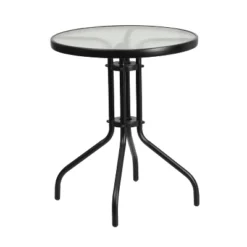 Emma And Oliver Three Piece Patio Table Set With Round Metal Frame Table With Tempered Glass Top And Two Flex Comfort Stacking Chairs -Crosley Sales Store GUEST af45194d f04b 4254 9446 706a583ca67f