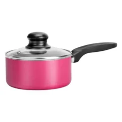 NutriChef Pink Sauce Pot With Lid, (0.89 Qt) Kitchen Cookware, Black Coating Inside, Heat Resistant Lacquer Outside (Pink)