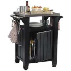 Keter Unity Portable 40 Gal Outdoor Table And Storage Cabinet W/ Accessory Hooks, Stainless Steel Top For Patio Kitchen Island Or Bar Cart