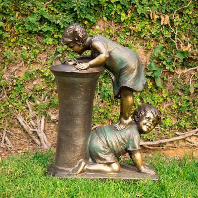27" Resin Indoor/Outdoor Girl And Boy Drinking Water Fountain Yard Décor Bronze - Alpine Corporation 2 27" Resin Indoor/Outdoor Girl And Boy Drinking Water Fountain Yard Décor Bronze - Alpine Corporation - Image 2