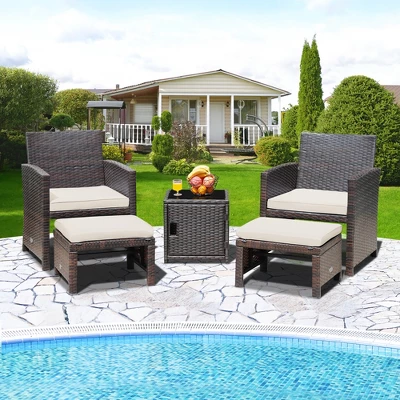 Costway 5PCS Patio Rattan Furniture Set Ottoman Cushioned W/Cover Space Saving Off White/Gray/Red/Turquoise 13 Costway 5PCS Patio Rattan Furniture Set Ottoman Cushioned W/Cover Space Saving Off White/Gray/Red/Turquoise - Image 13