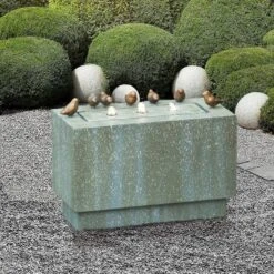 LuxenHome Patina Resin Rectangular Bubbler Outdoor Fountain With LED Lights And Bronze Birds