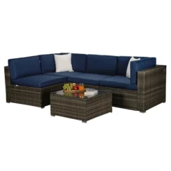 5pc Outdoor Rattan Wicker Sectional Conversation Set With Cushions - Brown/Blue - GODEER -Crosley Sales Store GUEST c431f990 0f0c 4401 ac88 73df5d5b479b