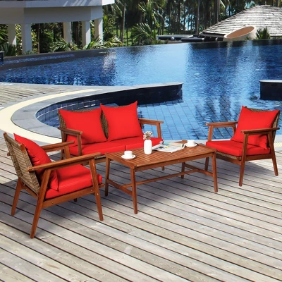 Costway 4PCS Patio Rattan Furniture Set Acacia Wood Frame Cushioned Sofa Chair 1 Costway 4PCS Patio Rattan Furniture Set Acacia Wood Frame Cushioned Sofa Chair