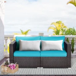 Costway 4PCS Patio Rattan Corner Sofa With Blue Cushion