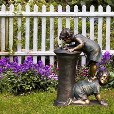 27" Resin Indoor/Outdoor Girl And Boy Drinking Water Fountain Yard Décor Bronze - Alpine Corporation 1 27" Resin Indoor/Outdoor Girl And Boy Drinking Water Fountain Yard Décor Bronze - Alpine Corporation