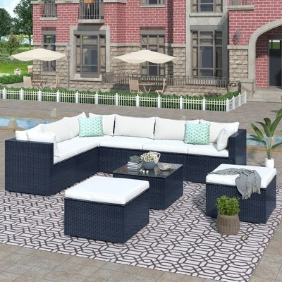 9pc Wicker Patio Set With Cushions - Black/Beige - GODEER 1 9pc Wicker Patio Set With Cushions - Black/Beige - GODEER