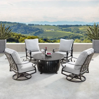 5pc Set With 44" Outdoor Aluminum Round Fire Table & 4 Deep Seating Swivel Rocking Chairs & Wind Blocker Lid - Oakland Living 1 5pc Set With 44" Outdoor Aluminum Round Fire Table & 4 Deep Seating Swivel Rocking Chairs & Wind Blocker Lid - Oakland Living