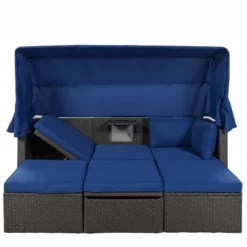4pc Outdoor Wicker Rectangle Daybed With Canopy & Cushions - Blue - GODEER -Crosley Sales Store GUEST d8a300c2 1f3d 4213 8bf6 f5c43fe34b86