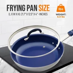 NutriChef 12" Fry Pan With Lid - Large Skillet Nonstick Frying Pan With Silicone Handle, Ceramic Coating, Blue Silicone Handle