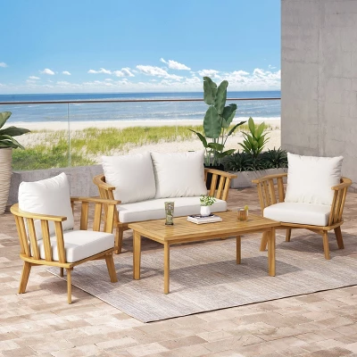 Solano 4pc Outdoor Wooden Chat Set With Rectangular Coffee Table - White/Teak - Christopher Knight Home 1 Solano 4pc Outdoor Wooden Chat Set With Rectangular Coffee Table - White/Teak - Christopher Knight Home