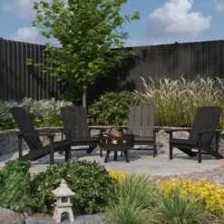 Merrick Lane Ayala 5 Piece Outdoor Leisure Set With Set Of 4 Poly Resin Adirondack Chairs And Star And Moon Iron Fire Pit
