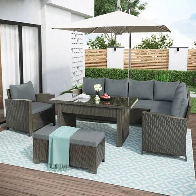 6pc Outdoor Set With Loveseats, Sofa, Chair, Bench & Coffee Table - Gray - GODEER 1 6pc Outdoor Set With Loveseats, Sofa, Chair, Bench & Coffee Table - Gray - GODEER