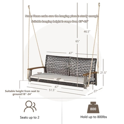 Tangkula 2-Seat Rattan Porch Swing Chair Outdoor Wicker Swing Bench W/ Seat Cushion 8 Tangkula 2-Seat Rattan Porch Swing Chair Outdoor Wicker Swing Bench W/ Seat Cushion - Image 8