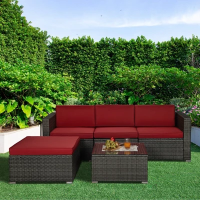 5pc Rattan Wicker Outdoor Conversation Set - Gray/Red - GODEER 1 5pc Rattan Wicker Outdoor Conversation Set - Gray/Red - GODEER