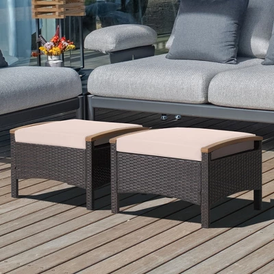 Costway Set Of 2 Patio Rattan Ottoman Footrest Cushions Wooden Handle Off WhiteBrownRedNavy 9 Costway Set Of 2 Patio Rattan Ottoman Footrest Cushions Wooden Handle Off WhiteBrownRedNavy - Image 9