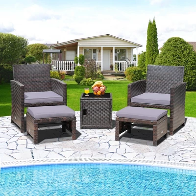 Costway 5PCS Patio Rattan Furniture Set Ottoman Cushioned W/Cover Space Saving Off White/Gray/Red/Turquoise 10 Costway 5PCS Patio Rattan Furniture Set Ottoman Cushioned W/Cover Space Saving Off White/Gray/Red/Turquoise - Image 10