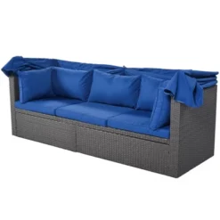4pc Outdoor Wicker Rectangle Daybed With Canopy & Cushions - Blue - GODEER -Crosley Sales Store GUEST ff0ce38e fffd 416a a99a a9bc9a14cd44